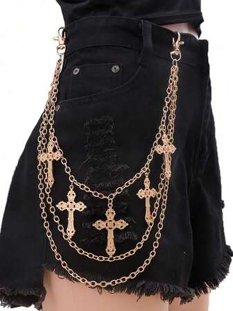 1pcStylish Metal Chain Waist Belt With Dangling Cross Pendant - Body Chains For Men With Fashionable And Design, Perfect For Daily Wear, Party, And Special Occasions Halloween Double Layered Metal Waist Chain Hip Hop Vintage Cross Pendant Design