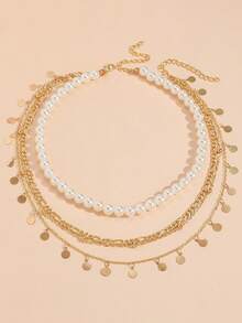 Collar de perlas falsas de aleación, versátil collar con colgante tipo gargantilla, collar de varias capas como joyería para mujeres - Multicolor - Ver 5