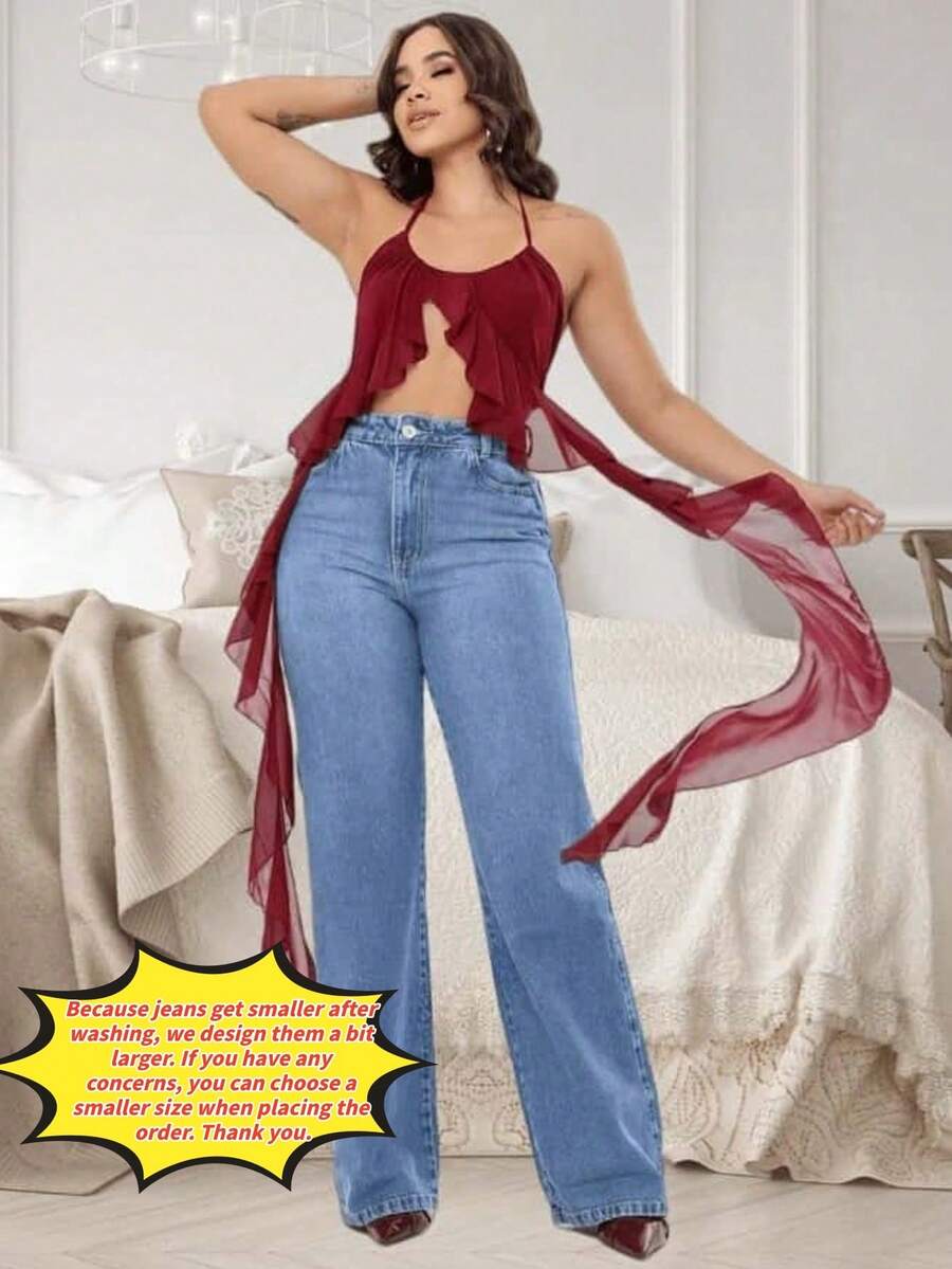 2025 Straight Loose Jeans For Women, Solid Color Blue, Black, Casual Women's Pants, Comfortable, Versatile Denim Pants, Essential For Travel - 淺色水洗藍 - 查看 1