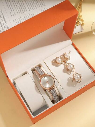 (No Box) 5pcs/Set Teenager Student Watch, Rhinestone Decor Fashion Elegant Luxury Minimalist Casual Quartz Watch With Steel Band, Suitable For Birthday, Halloween, Year-End Promotion, Singles Day