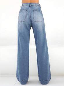 Women Wide Leg Jeans Tummy Control Mid-High Waisted Straight Stretchy Denim Pants With Pockets - 淺藍色 - 查看 7