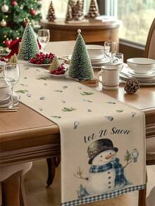 1pc Christmas Snowman Pattern Table Runner, Linen-Like Christmas Table Runner, 1pc Table Runner, 4pcs Placemats, 1pc Cushion Cover, 3 Products Available, Seasonal Home Decor Indoor/Outdoor Party Supplies, Winter Home Decor, Christmas Decoration, Christmas Room Decor, Christmas Party Decoration - Multicolor - View 13