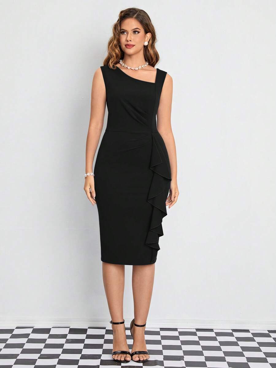 Women's Retro 1950s Style Sleeveless Slim Business Pencil Dress - Black - View 1