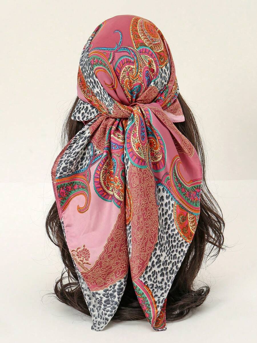 1pc Women's Fashion Scarf, Mulberry Silk Paisley & Paisley Print Scarf, Geometric Print Headband, Versatile Headwear, Suitable For Daily Wear, All Seasons - Pink - View 1