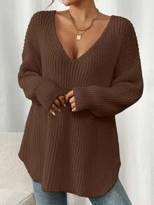 Plus Size Women V-Neck Drop Shoulder Long Sleeve Loose Casual Knit Sweater, Back To School Season Fall - Coffee Brown - View 2