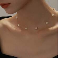 1条复古隐形珍珠颈链，鱼线仿珍珠气质短项链，40+4厘米