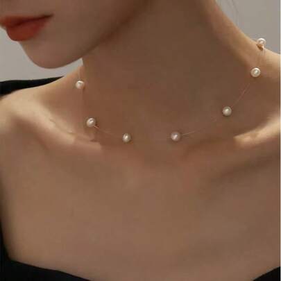 1 pieza Gargantilla vintage invisible de perla con línea de pesca, perla falsa, collar corto de temperamento de 40+4cm