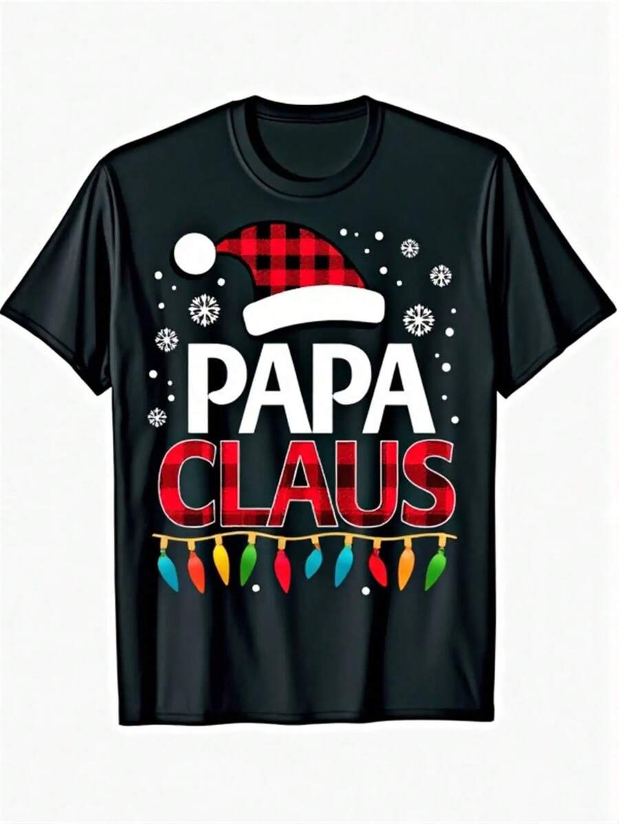 Camiseta de pijama familiar negra de Navidad para adultos - Papá Noel y Sra.Claus Design con Luces Brillantes y Cuello a Cuadros - Ropa de Dormir Acogedora para Fiestas de Navidad, Atuendos Casuales - Regalo Festivo Divertido para Hombres y Mujeres - Lavado a Mano o Limpieza en Seco, Tela No Elástica, Cuello Redondo, Ajuste Regular, Ideal para Atuendos Familiares a Juego - Negro - Ver 1