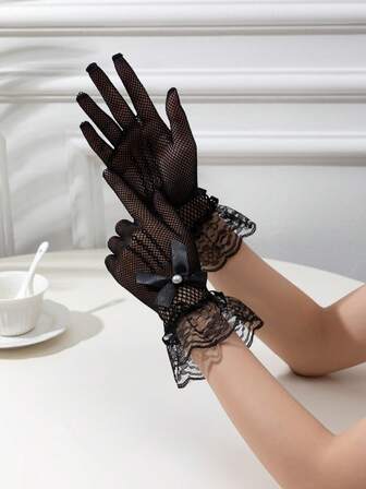 1pair,Black/White Lace Bow-Adorned Tulle Gloves, Pearl-Embellished Bridal Wedding Gloves, Christmas Party Formal Accessories, Tulle Evening Accessories.