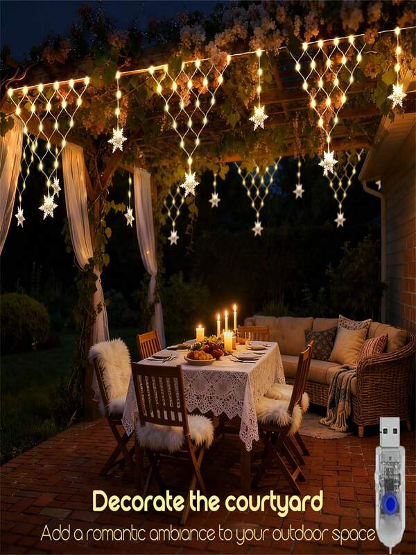 1pc Outdoor Snowflake Curtain & Fishing Net Light Strings, Christmas Decorative Light, 100 LED, 8 Modes, USB Plug, Dimmable, For Christmas, New Year, Party Decorations Light
