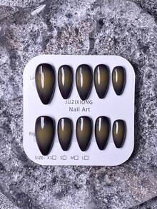10片手工美甲贴纸，短指甲适用，法式美甲，红色指甲，金色指甲，白色指甲，蓝色指甲，圣诞美甲，可爱美甲，饰有手工金色雪花和十字架，杏仁形美甲贴片，带有圣诞树和雪花元素，附赠美甲工具，适合女性和女孩使用。 - 黑色 - 查看 6