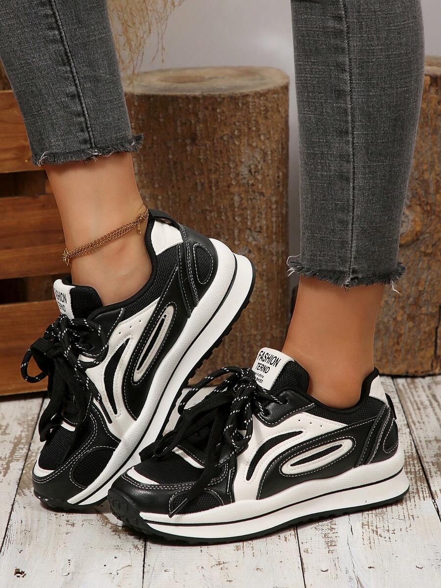 Women's Casual Walking Sneakers, Thick Sole, Lightweight & Comfortable Retro Style Fitness Shoes - Black - View 1