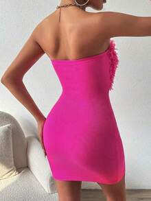 Vestido mini de cóctel sexy rosa sin tirantes y ajustado con detalle de piel sintética para mujer - Rosa Fucsia - Ver 5