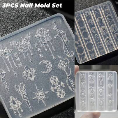3 pezzi Set di stampi in silicone per arte di unghie con motivi floreali barocchi vintage e a conchiglia europea