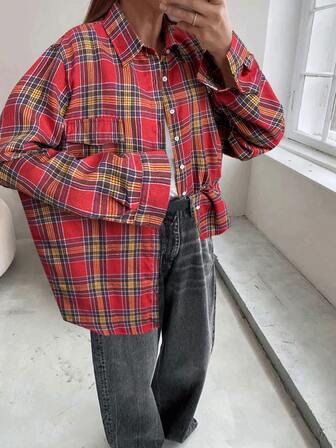 Women's Loose Casual Red Plaid Shirt