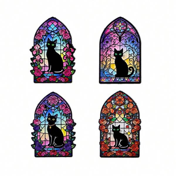 Bunte Fenster Schwarz Katze Herren Damen Broschen Anstecknadeln für Rucksack, weiche Emaille Anstecknadeln, Abzeichen, Schmuckzubehör
