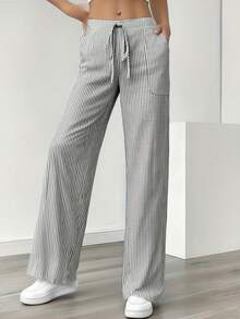 New Women's Slant Pocket Wide-Leg Pants, Casual Striped Print Loose Drawstring Waist Pants, Women's Sports Trousers - 灰色 - 查看 7