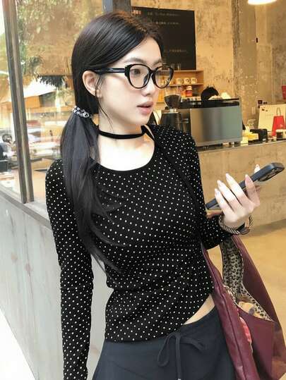 Polka Dot Round Neck Long Sleeve Fitted Casual T-Shirt For Women, Spring/Summer/Autumn