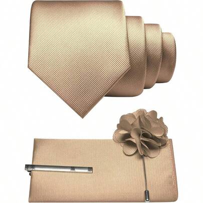 Formal Necktie Solid Color Tie And Pocket Square With Tie Clip Lapel Pin Sets Men 4PCS