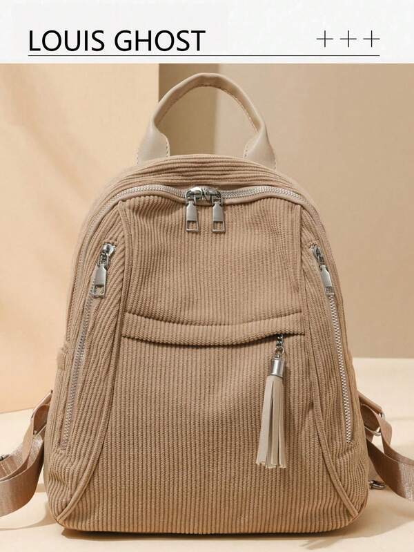 [Forro polar cálido Preludio | Mochila de pana] Textura vertical * Susurro de borlas | La estética curativa del suave transporte Bolsillos con cremallera vertical doble para acceso rápido a pañuelos y llaves Mochila de moda