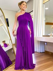Women's Long Party Dress One Shoulder With Elegant Slit One Size M (Fits 38 To 42) Simple Elegant Party Beach Wedding, Bridesmaid And Graduation. - 紫色 - 查看 2