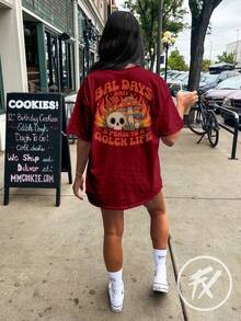 Women's Oversized Streetwear T-Shirt, Gym, Mushroom, Skull, Hippie Fashion, Bad Days REF 3174 - 紫紅色 - 查看 5