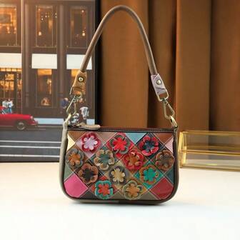 Copupy&Kopupy Bolso cuadrado de hombro cruzado casual de piel genuina hecho a mano con remiendo de rombos florales para mujeres, 2025