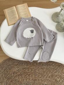 2pcs/Set Baby Girl Casual Lamb Embroidery Gray Long Sleeve Hoodie And Pants Set, Spring/Autumn - Grey - View 4