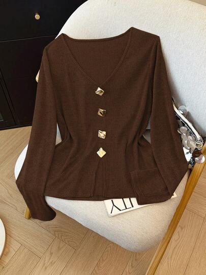 Plus Size Women Autumn Fashion Casual Ribbed Fuzzy Warm Solid Color Knit V-Neck Metal Decor Button Long Sleeve T-Shirt, Women Home Wear & Outdoor Wear
