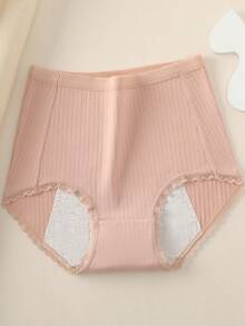 4 piezas Pantalones fisiológicos de cintura alta con paquete abdominal, bragas menstruales de algodón transpirables con encaje en el borde, pantalones de antifugas para damas