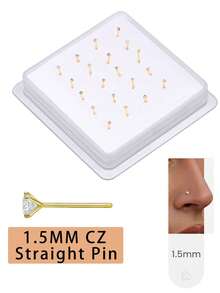 20PCS Golden Silvery Thin Nose Studs Set For Women Men 1.5mm-4mm Shiny CZ Nose Pins With L Shape, Straight, And Ball End – Nose Piercing Jewelry Case - Straight Pin - View 19
