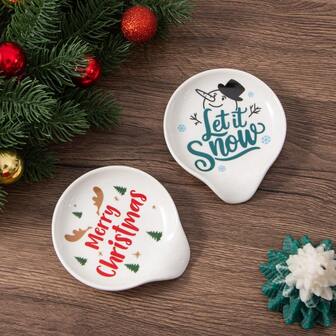 1/2pcs Winter Snow Mini Spoon Rest For Stove Top, Cute Snowman Design Ceramic Spoon Holder For Countertop, Merry Christmas Coffee Spoon Rest For Farmhouse Kitchen Decor And Accessories, Perfect Gift For Xmas & Housewarming