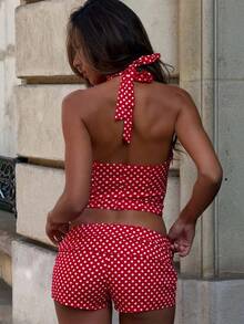 Women's Two-Piece Polka Dot Printed Open Neck Vest And Matching Tight Shorts Set - Đỏ - Xem 3