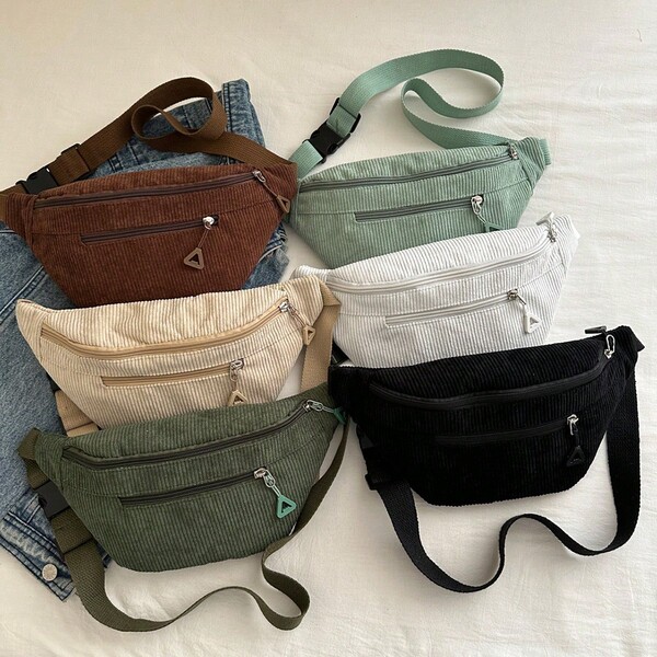 حقيبة كتف نسائية من الكوردوروي مع حزام قابل للتعديل وجيب أمامي مزود بسحاب - خفيفة الوزن للسفر اليومي والتسوق في فصل الشتاء، تصميم بسيط متعدد الاستخدامات للرياضة والأنشطة اليومية