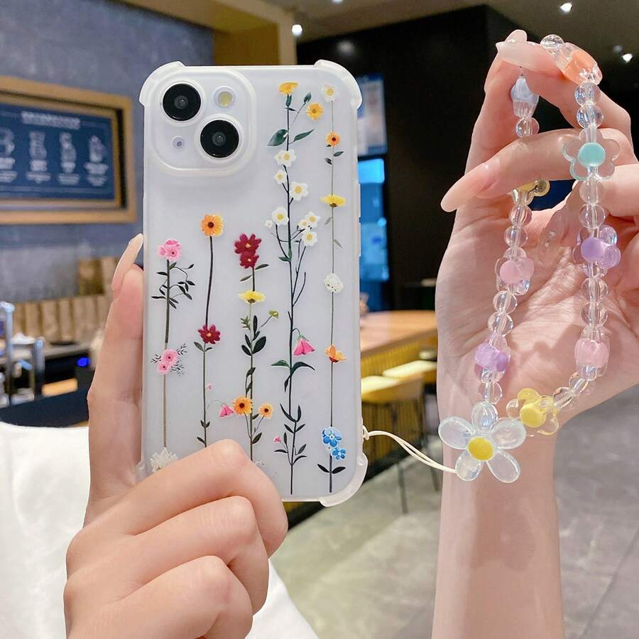 1pc Vine Flower Beaded Bracelet, Frosted Semi-Transparent/Full Corner Protection/Anti-Drop/Icy Skin Feel Phone Case, Suitable Compatible With Samsung, Apple, Etc. - White - View 1