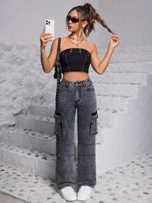 ZYANYA Jeans casuales de pierna ancha y larga para mujer con bolsillos y botones, detalles de cremallera, tejido muy elástico. - Gris - Ver 2