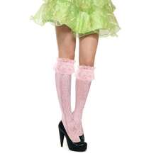 Benefeet Sox Lace Knee High Socks Women Girls Patterned Mesh Fishnet Knee High Stockings Hollow Calf Lolita Sock{"Color_name":"Pink-LaceRuffleFloralPattern"} - 粉紅色蕾絲荷葉邊花卉圖案 - 查看 4