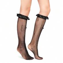 Benefeet Sox Lace Knee High Socks Women Girls Patterned Mesh Fishnet Knee High Stockings Hollow Calf Lolita Sock{"Color_name":"Black-SatinRuffleBowHeart"} - 黑緞荷葉邊蝴蝶結心形 - 查看 4