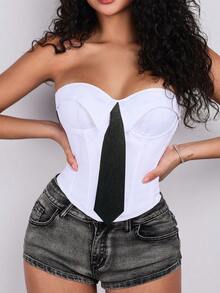 Apperloth A Women's Y2K Preppy Style White Cropped Tube Top, Strapless Tie-Up Camisole, Suitable For Casual, Country Music Concerts, Music Festivals And Other Occasions - White - View 9
