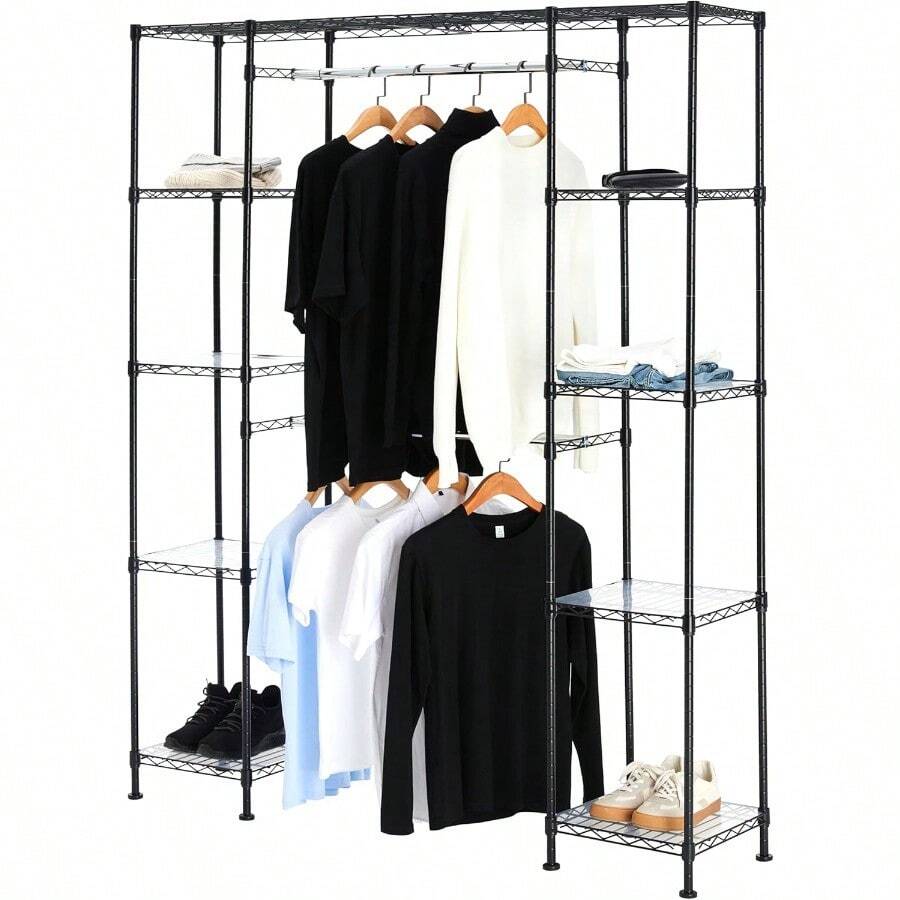 Expandable Metal Hanging Storage Organizer Rack Wardrobe With Shelves 36cm X147160cm X 183cm Black