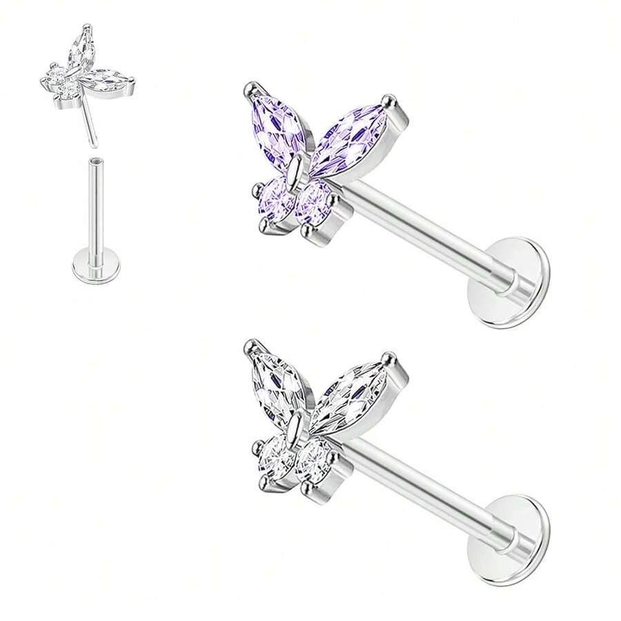 2~4PCS 16G 316L Pushin Lip Rings Butterfly And Bee Nose Stud Rings Top Push In Threadless Surgical Steel Flat Back Nose Rings Studs For Womens{"Color_name":"Silver1"} - bạc1 - Xem 1