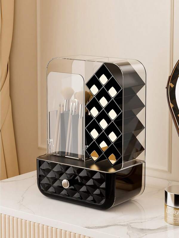 1 صندوق تخزين مكياج، صندوق مكتبي للأحمر شفاه والعطور مع غطاء شفاف، حامل لمنتجات الشفاه والمكياج، منظم للمستحضرات التجميلية ومنتجات العناية بالأظافر