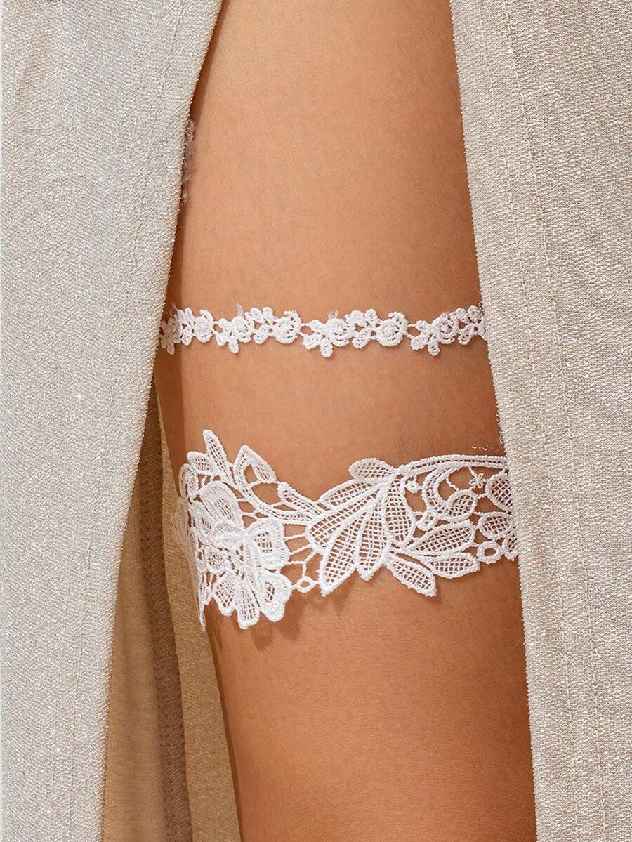 2pcs/Set Women's Sexy Fashion Water-Soluble Lace Black Embroidery Elastic Adjustable Thigh Garter Hollow Leg Rings Bridal Dress Leg Accessories - White - View 1