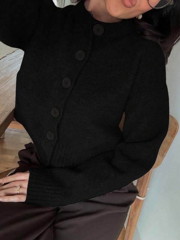 MORI Autumn And Winter Black Round Neck Long Sleeve Cardigan Knitwear For Women, New Casual Loose Lazy Soft Sweater, Fashionable, Elegant, Simple Solid Color, New Year Clothing Top