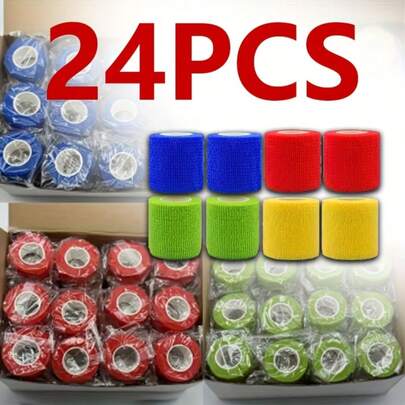 24pcs Self-Adhesive Athletic Tape - Flexible, Breathable, Elastic Wrap For Knees, Joints, Ankles, Arms, Feet & Fingers In Red, Green, Blue, Yellow - Ideal For Sports Support And Injury Relief, Sports Support Tape | Elastic Wrap Support | Polyester Fabric