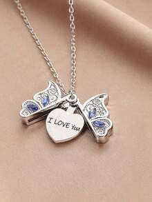 Engraved "I Love You" Rhinestone Butterfly Openable Necklace, Fashion Charm Necklace, Valentine's Day Gift (The Product Size May Be Slightly Smaller Than Shown In The Image) - Multicolor - View 3
