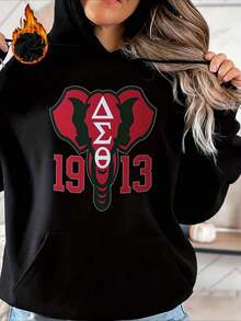 Womens Graphic Oversized Hoodies, Long Sleeve Pocket Pullover, Sweatshirts Fall Fashion 2025 Pullover Letter Print Winter Clothes, Suitable For Parties, Outdoor Activities, And Leisure, Delta Sigma Theta Elephant 1913 Logo ,Gift For Women, Size S-3XL - 黑色 - 查看 1