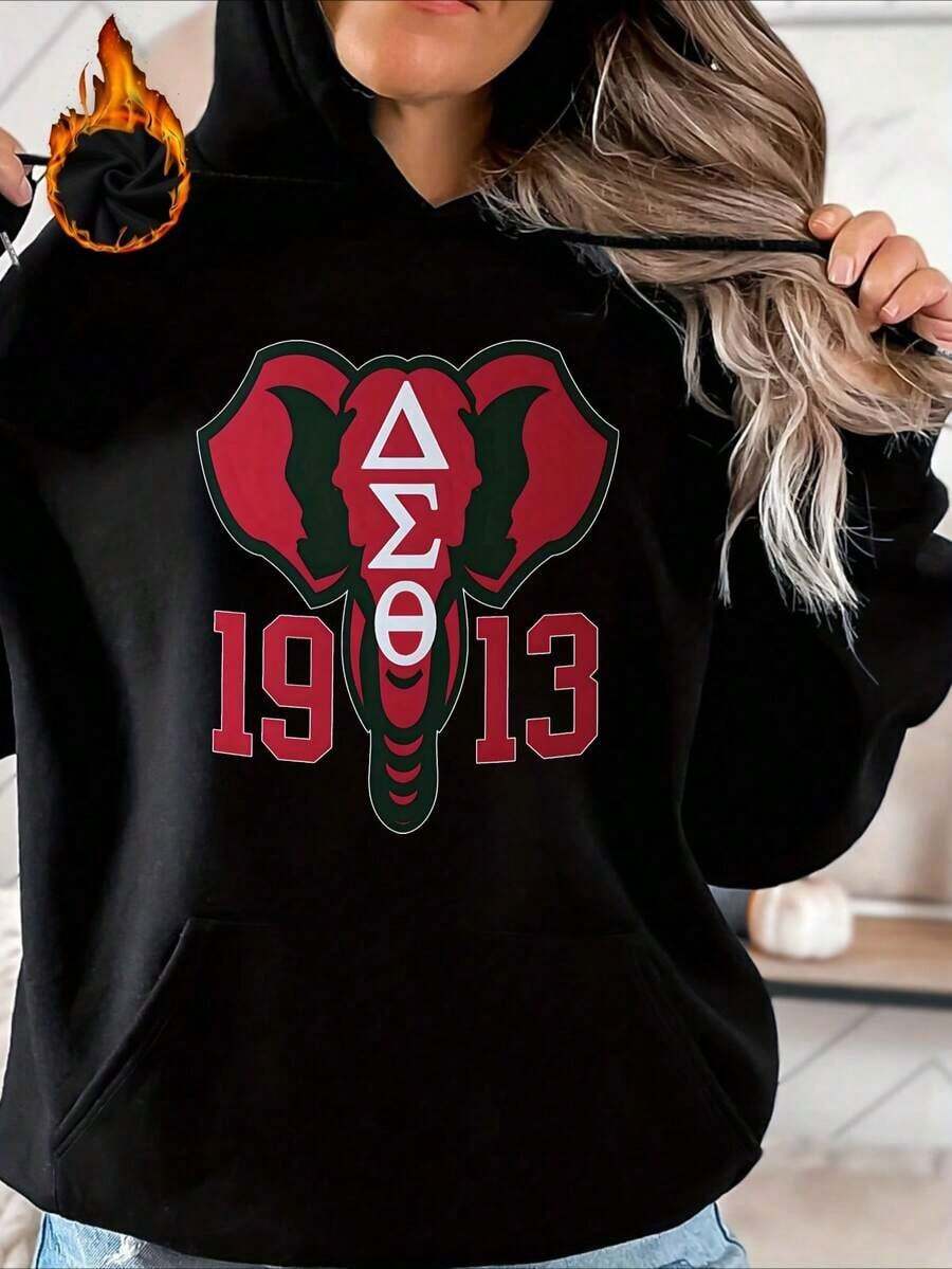 Womens Graphic Oversized Hoodies, Long Sleeve Pocket Pullover, Sweatshirts Fall Fashion 2025 Pullover Letter Print Winter Clothes, Suitable For Parties, Outdoor Activities, And Leisure, Delta Sigma Theta Elephant 1913 Logo ,Gift For Women, Size S-3XL - 黑色 - 查看 1