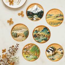 1 set/6 piezas Posavasos de madera con patrón de paisaje rural, set de material de tabla de madera, manteles aislantes de calor, adecuados para bar, reuniones en el hogar, cafetería, oficina, todas las ocasiones, decoración del hogar, regalo de Navidad - Posavasos circular de madera - Ver 2