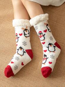 1 双女孩卡通印花袜子，适合室内家居穿着 - 白色 - 查看 3